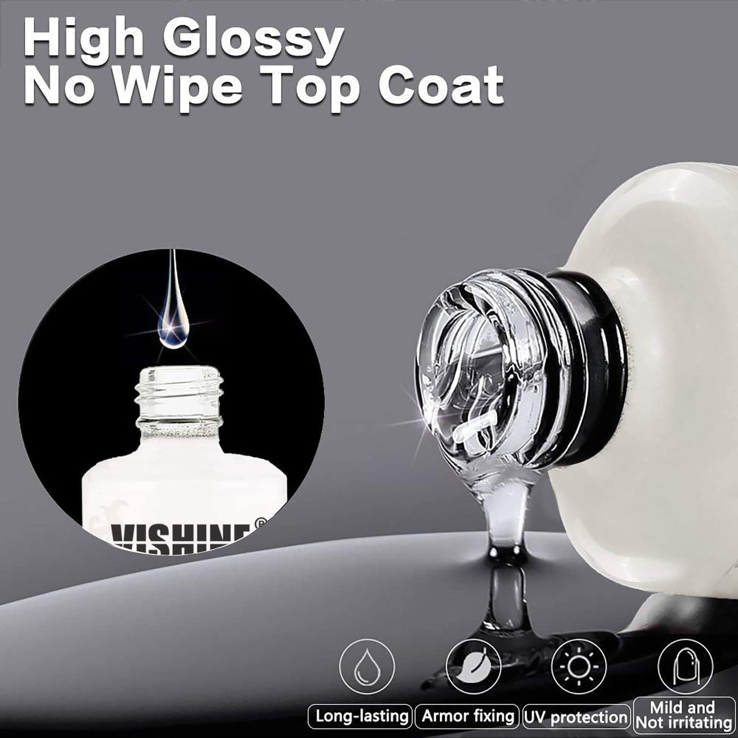 Vishine 15ml No Wipe Top Coat Base Coat Soak off UV LED Drying Long Lasting Shiny Nail Varnish Set
