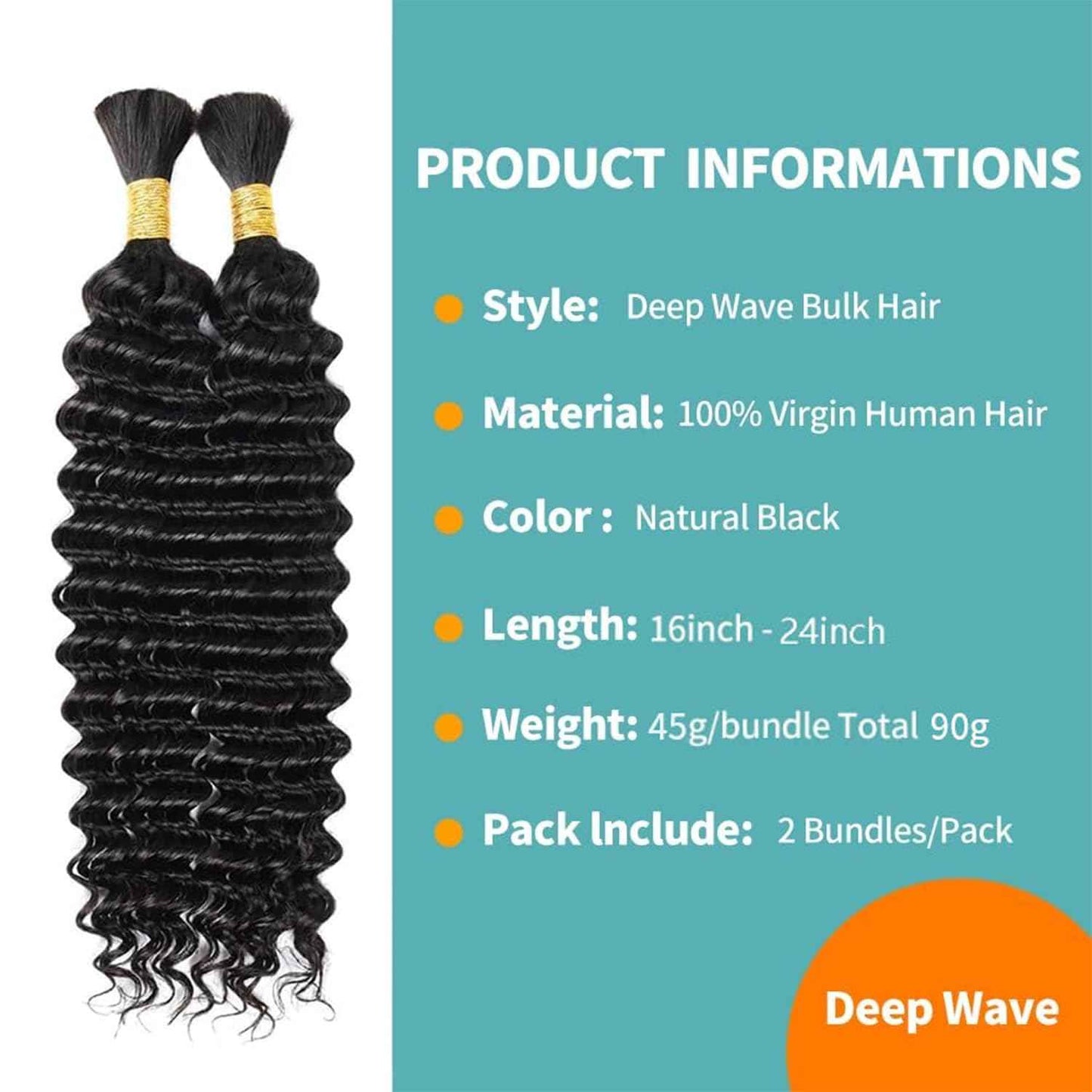 Human Braiding Hair Deep Wave Bulk Human Hair for Braiding 20Inch No Weft 90g 2 Bundles 100% Brazilian Virgin Human Hair Extensions Curly Boho Hair Wet and Wavy Human Hair Natural Black