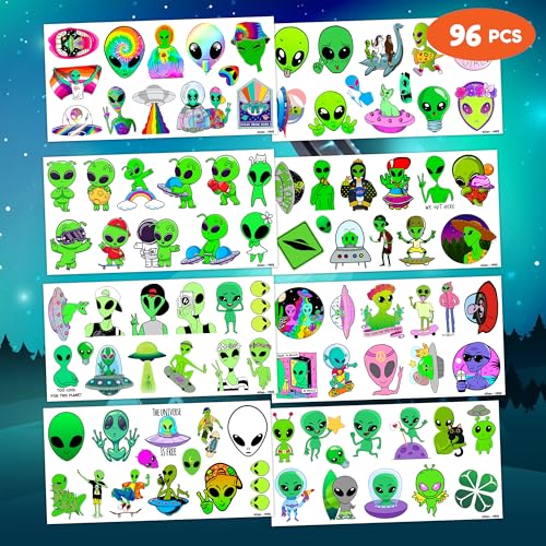 96PCS Cute Alien Temporary Tattoos Themed Birthday Party Decorations Supplies Favors Decor Funny Outer Space Galaxy Stickers Tattoo Gifts for Girls Boys School Prizes Carnival Halloween Christmas
