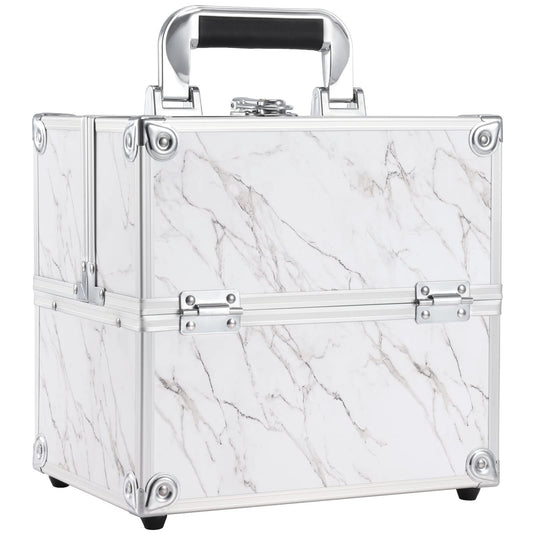 Frenessa Marble Leather Makeup Train Case Portable Cosmetic Case 4 Trays Storage Organizer for Make Up Nail Tech Crafter Makeup Tools Cosmetic Case Marble