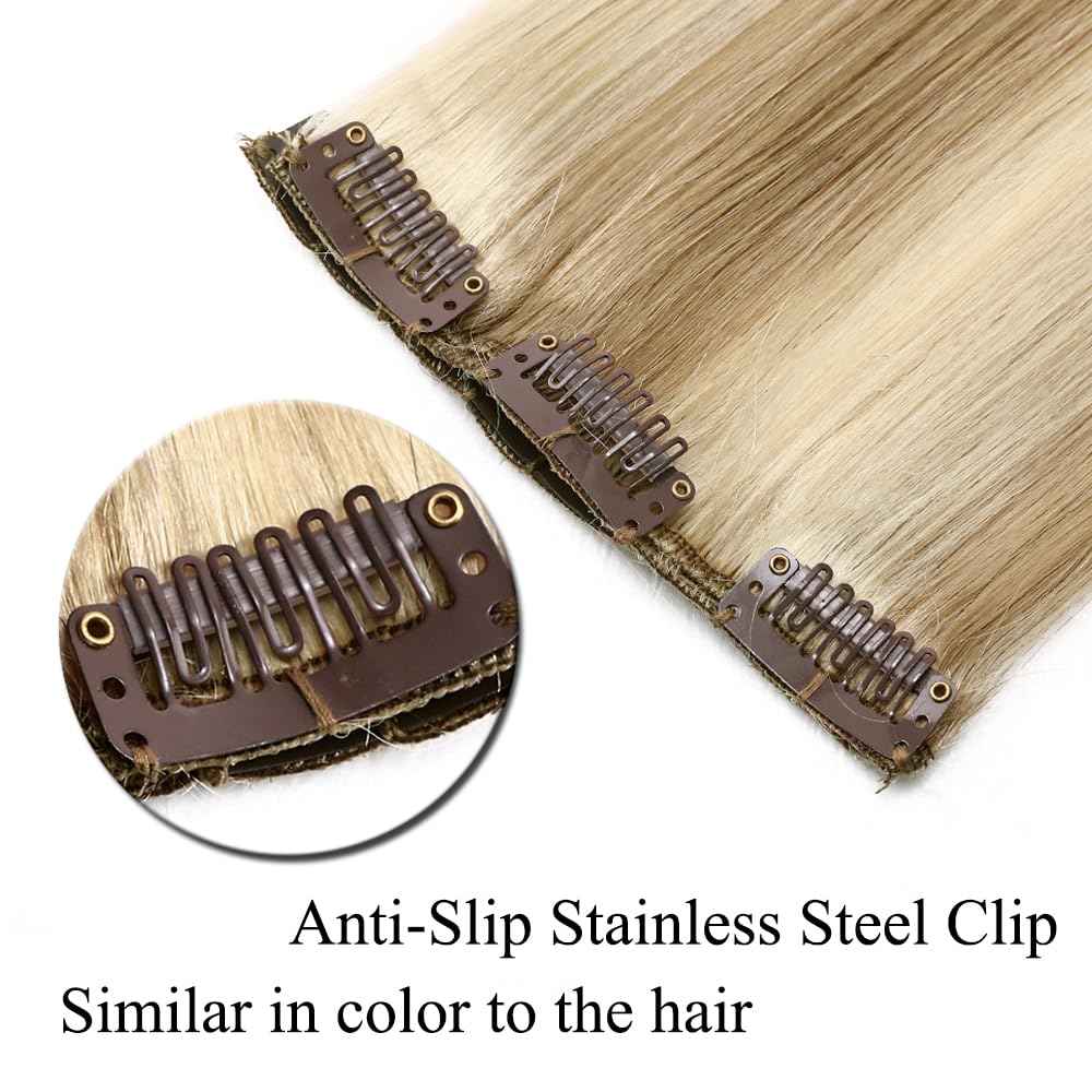 MY-LADY Clip in Hair Extensions Real Human Hair Light Blonde & Golden Blonde 14 Inch 60g Remy Hair 8pcs Weft Balayage Full Head Silky Natural Straight for Women