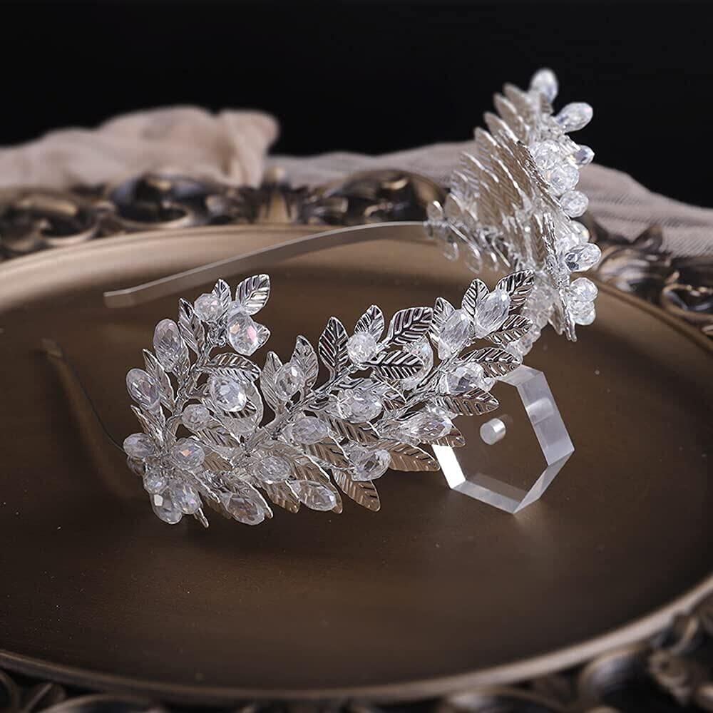 YERTTER Vintage Wedding Leaf Tiara Hair Crown Handmade Bride Hair Band Bridal Greek Goddess Pearl Head Pieces for Wedding Prom Birthday Party (Silver)