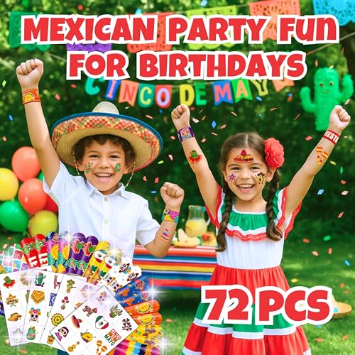 Cinco de Mayo Party Favor Set - 48 Tattoos & 24 Slap Bracelets
