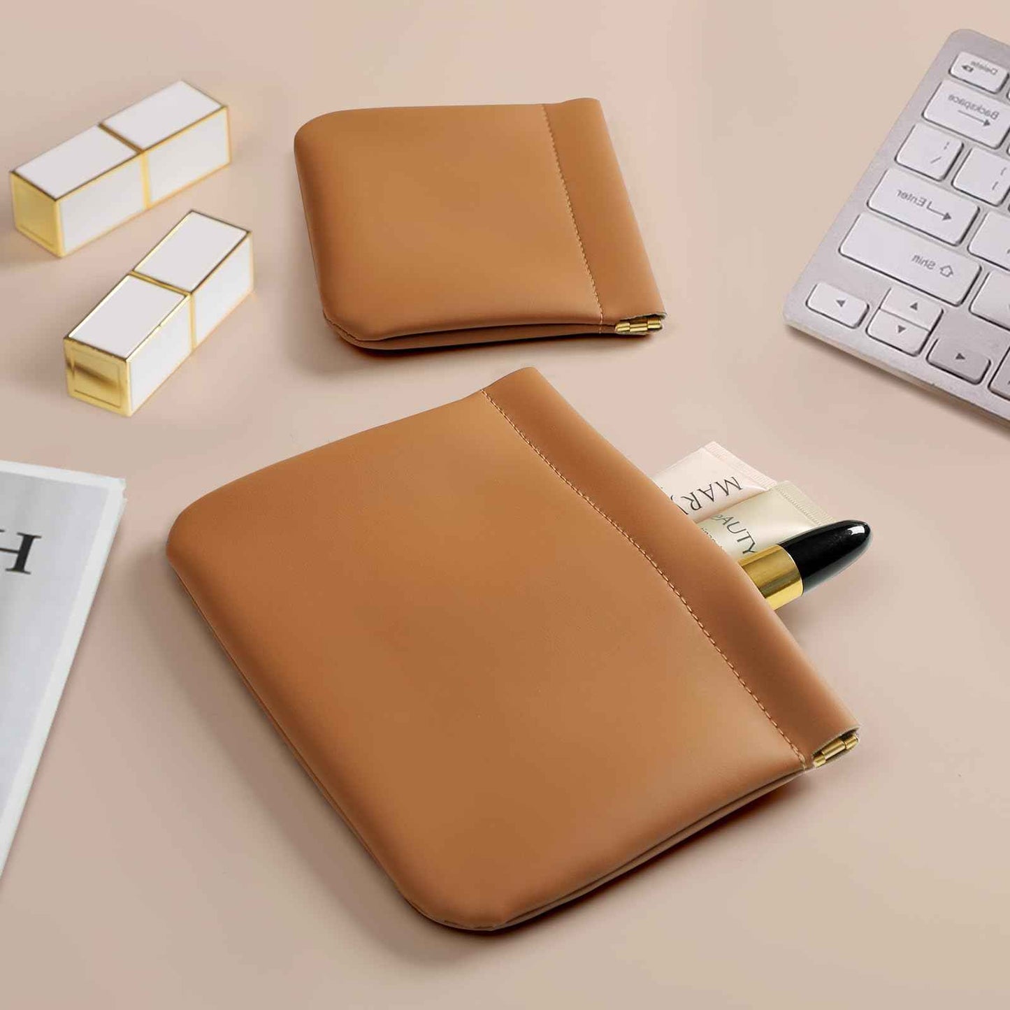 MEIBOOCH 2 Pack Small Makeup Bag for Women, New Organosilicon Super Fiber Leather Mini Cosmetic Bag for Travel, Coin Purse Organizer Storage Pouch (Brown)