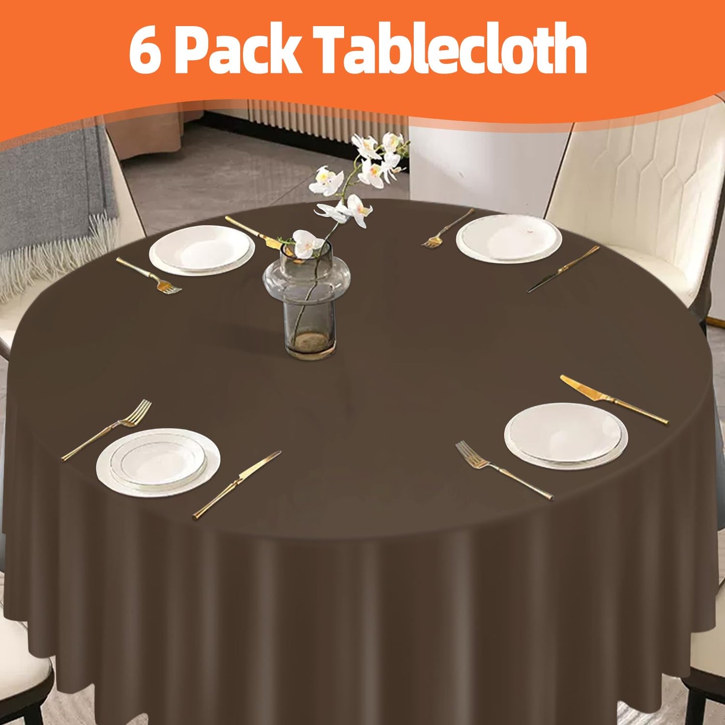 tujol Brown 6 Pack Plastic Table Cloth 84", Disposable Round Tablecloth Table Cover, Plastic Table Cloths for Parties