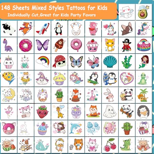 148 Temporary Tattoos for Kids - Mixed Styles Sheet Set