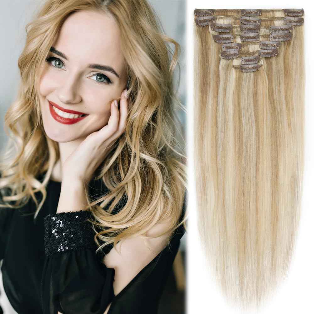 MY-LADY Clip in Hair Extensions Real Human Hair Light Blonde & Golden Blonde 14 Inch 60g Remy Hair 8pcs Weft Balayage Full Head Silky Natural Straight for Women