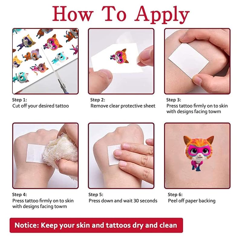 Super Cats Temporary Tattoos for Kids - 8 Sheet Set