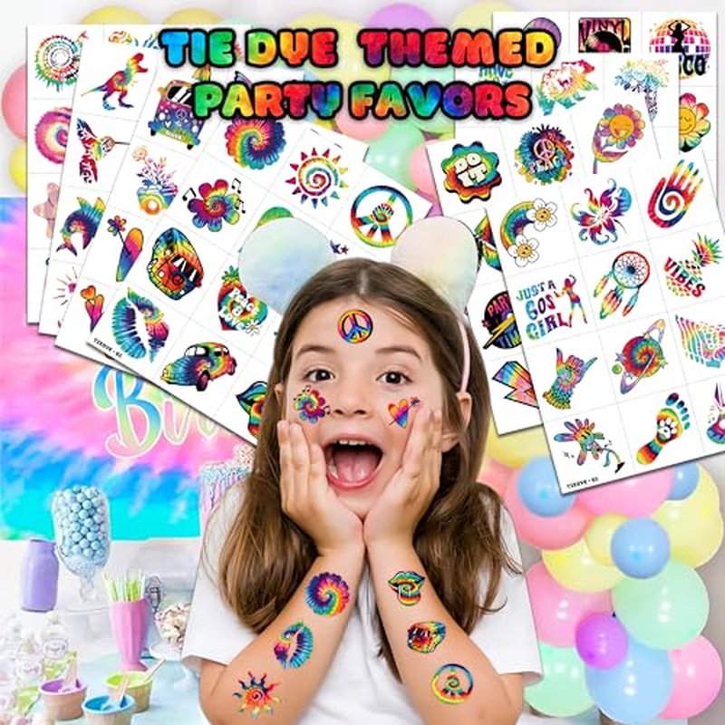 96 PCS Tie Dye 90s 80s Pre-Cut Temporary Tattoos for Kids | Super Cute Themed Birthday Party Favors, Supplies, Decorations, Colorful Fake Tattoo Stickers (multiple)