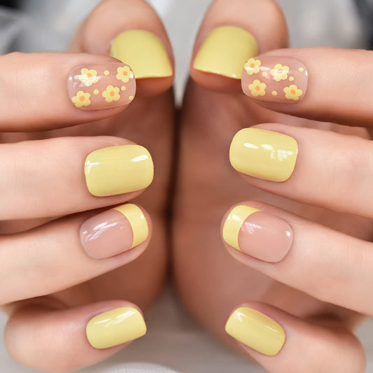 ELEVENAIL Light Yellow Flower French Press on False Nails Short Squoval Salon DIY Manicure Reusable Fake Acrylic Nail Art Tips Gifts for Daily Office Party Home