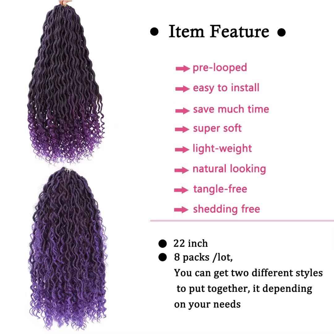 Purple Boho Goddess Locs Crochet Hair 8 Packs 22 inch River Locs Crochet Hair Boho Faux Locs Crochet Braids with Curly Ends(T1B/Purple#)