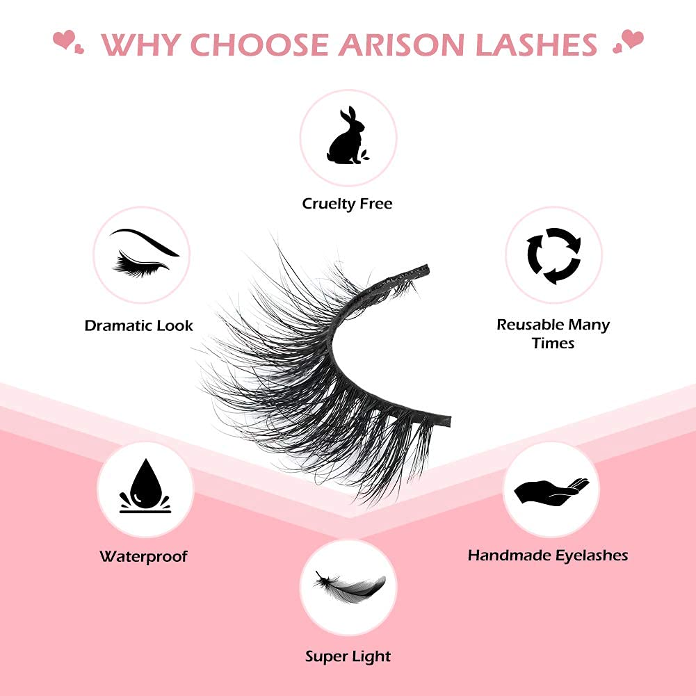 Arison Lashes 3D Mink Lashes False Fake Eyelashes Wispy Strips Silk Reusable Handmade Real Long Fur Soft Dramatic Natural Look 1 Pair Package for Women Makeup(3D661)