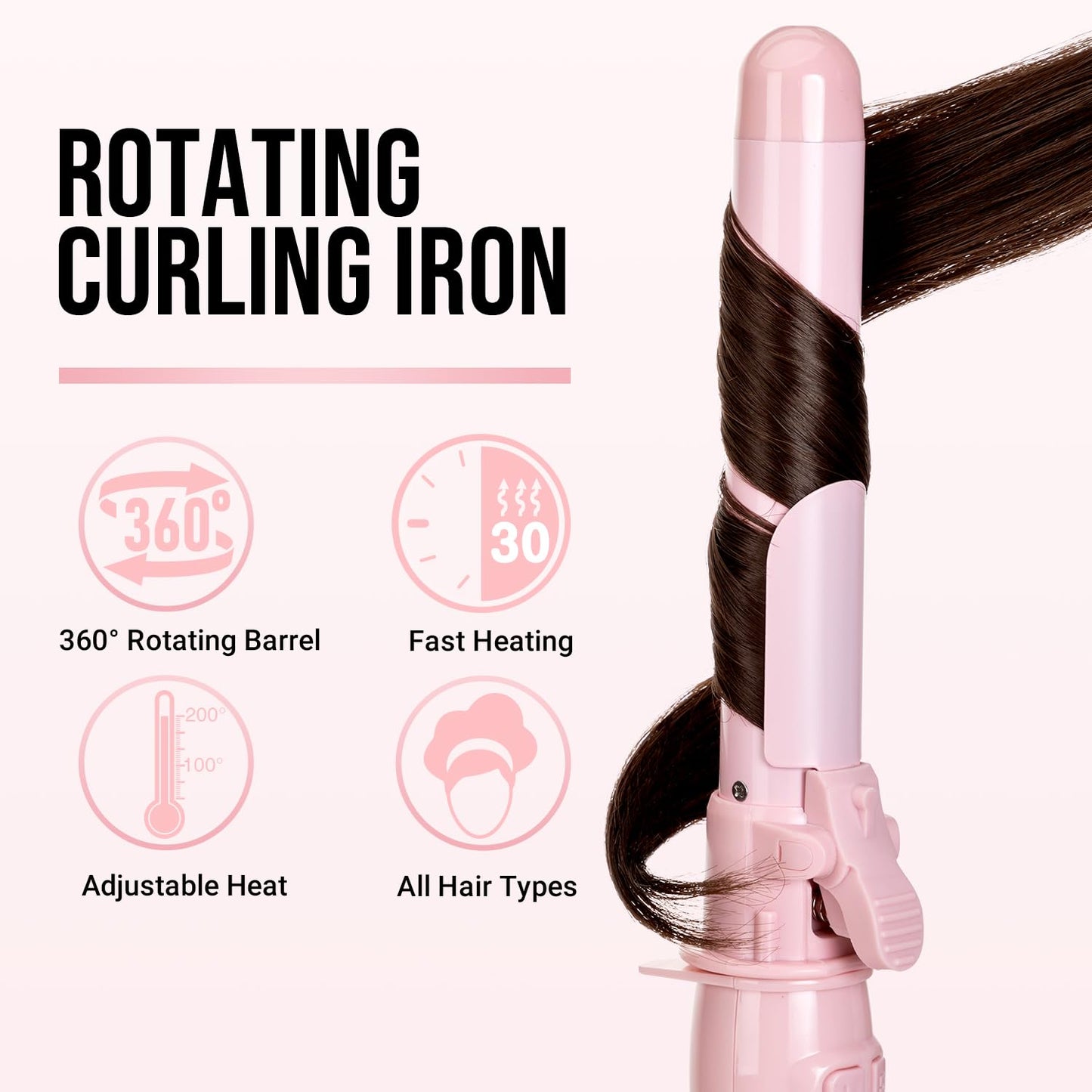 Rotating Curling Iron, 1.1 Inch Professional Hair Curler for Long-Lasting Curls & Beach Waves, Fast-Heating Curling Wand for Long & Short Hair, Perfect Hair Waver Styling Tool, Pink