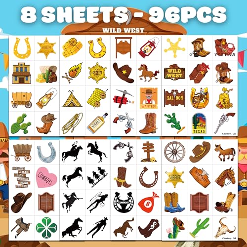 96 Pcs Western Cowboy Temporary Tattoos for Kids