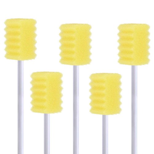 100 Pcs Disposable Mouth Swabs Sponge, BVN Oral Swabs, Oral Care Swabs Disposable, Mouth Swabs, Unflavored and Sterile Disposable Dental Swabsticks for Mouth Cleaning, Sawtooth-Shaped Yellow.