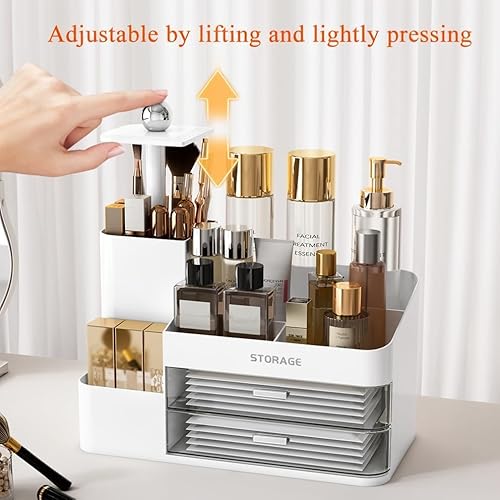 Large Makeup Organizer Countertop with Brush Holder, Make Up Organizer with Drawers, Countertop Makeup Organizers for Vanity, Multi-Functional Makeup Storage Organizer for Skincare, White