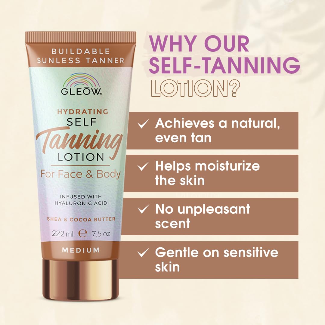 GLEOW Self Tanner New 2024 Self Tanning Lotion for Face & Body, Indoor Tanning Lotion, Sunless Tanner, Fake Tan Lotion, Face Tanner Quick Tan 7.5 oz