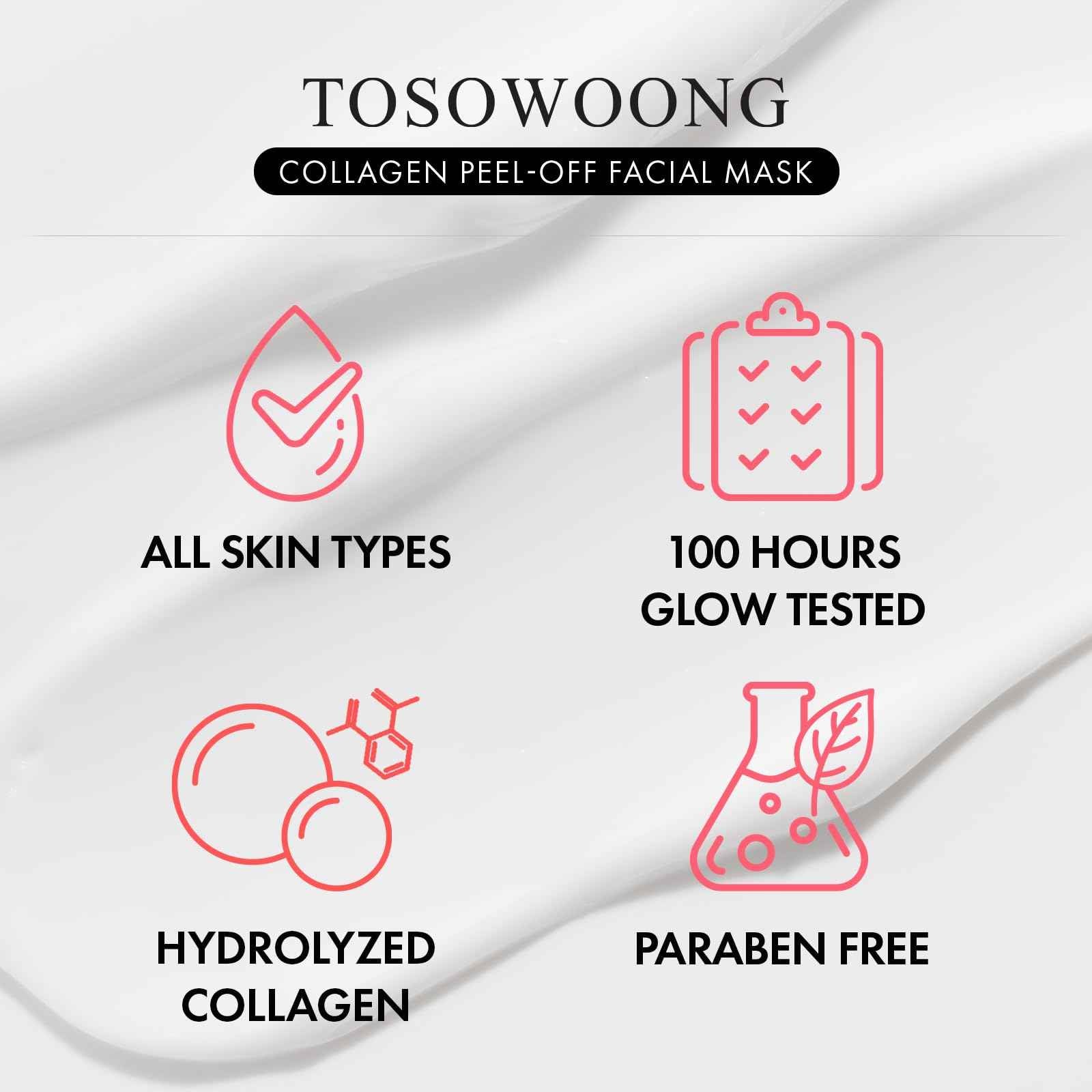 TOSOWOONG Real Collagen Fit, Hydrolyzed Collagen Wrapping Mask, Peel Off Facial Mask for elasticity, Hydrating, Glow, Glass Skin, Face Moisturizer, Self Care, Korean Skin Care, 1.69 fl. oz, Pack of 2