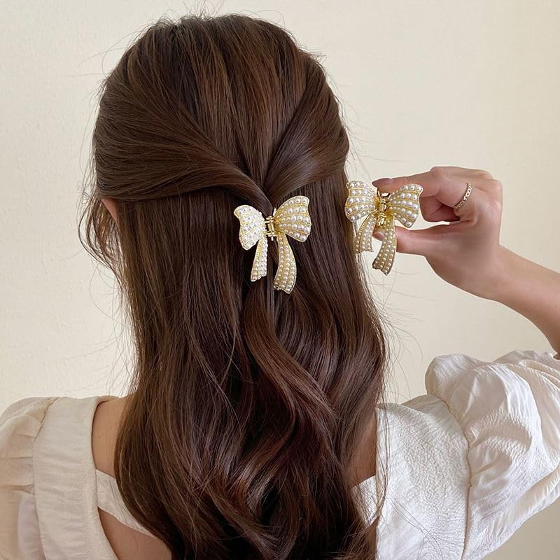 papasgix Pearl and Bow Hair Accessories: Butterfly Clips, Small Gold Metal Claw Hair Clips for Women and Girls (2Pearl, Hair Accessory)