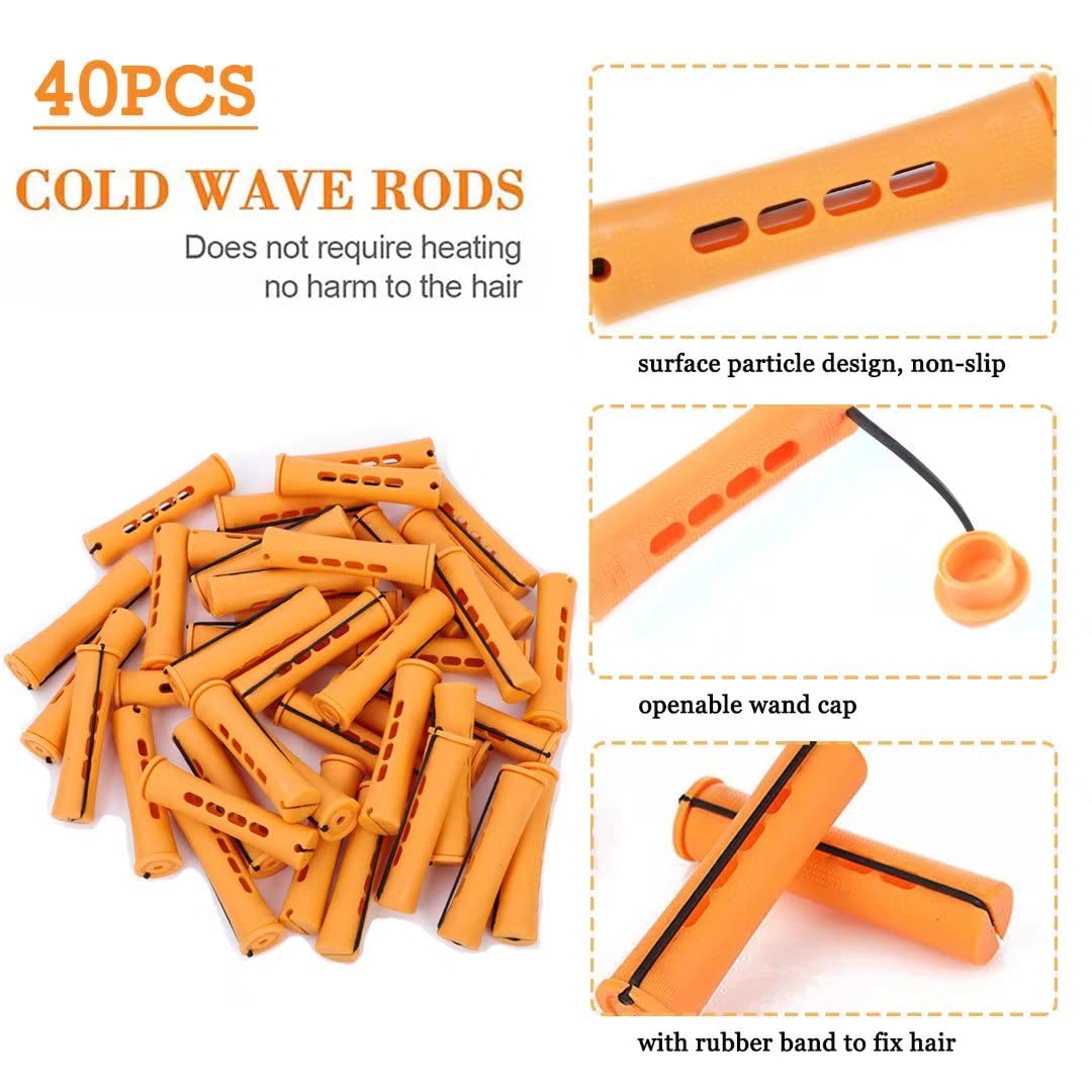 40pcs Perm Rods Set for Natural Hair Plastic Cold Wave Orange Perm Rods for Long Short Hair Rollers for Women DIY Hairdressing Tools（Orange）