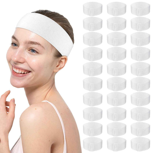 MBAIYO 150 Pcs Disposable Facial Spa Headbands, White Stretchable Non-Woven Fabric Facial Head Bands Soft Skin Care Hair Bands with Convenient Closure for Salons Makeup Skincare Fitness Travel