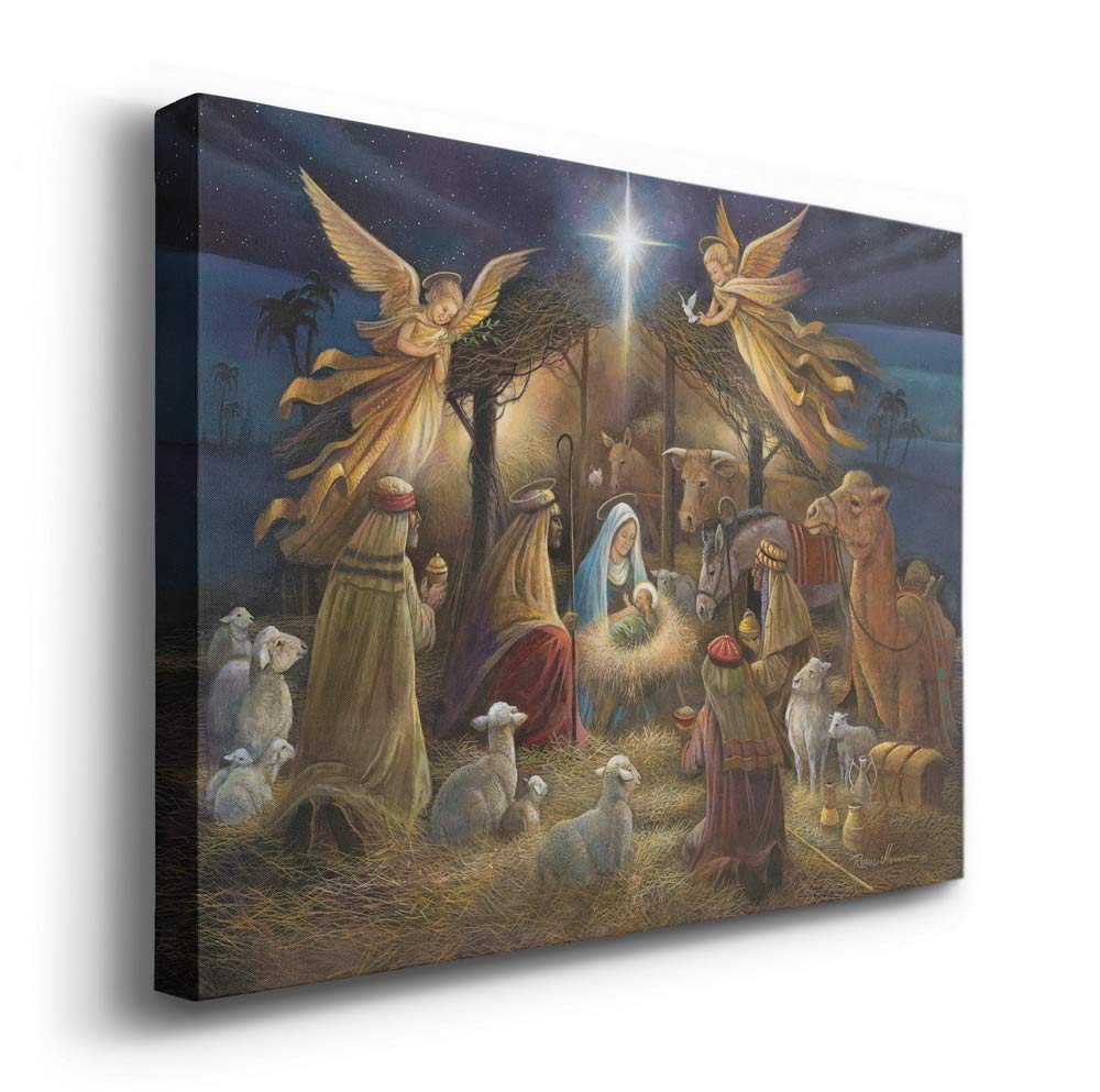 Renditions Gallery Nativity Scene Wall Art, Christ in a Manger, Jesus Christ, Mary, & Joseph, Religious Christmas Scene, Gallery Wrapped Canvas Decor, Ready to Hang, 18 in H x 27 in W, Made in America