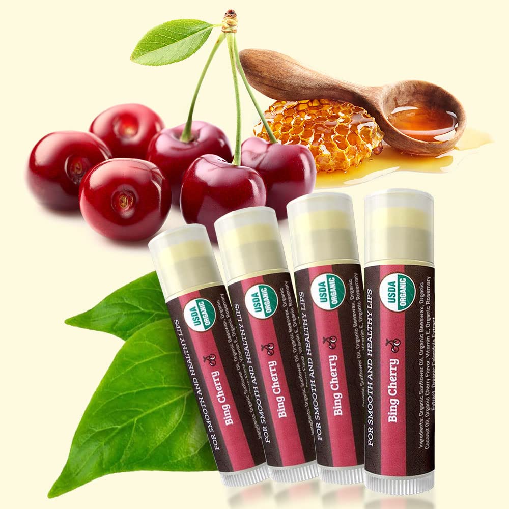 USDA Organic Lip Balm 4-Pack by Earth's Daughter - Cherry Flavor, Beeswax, Coconut Oil, Vitamin E - Best Lip Repair Chapstick for Dry Cracked Lips.