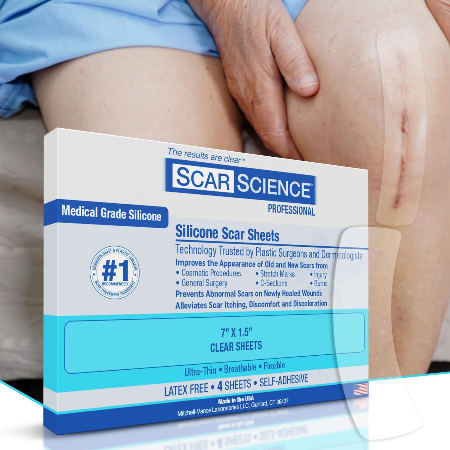 Scarscience Medical Grade Silicone Scar Sheets - Large 7" Water Resistant, Reusable Silicone Scar Strips - Breathable Clear Scar Tape for C-Section, Tummy Tuck, Surgical Scars Keloids, etc. - 4 Strips