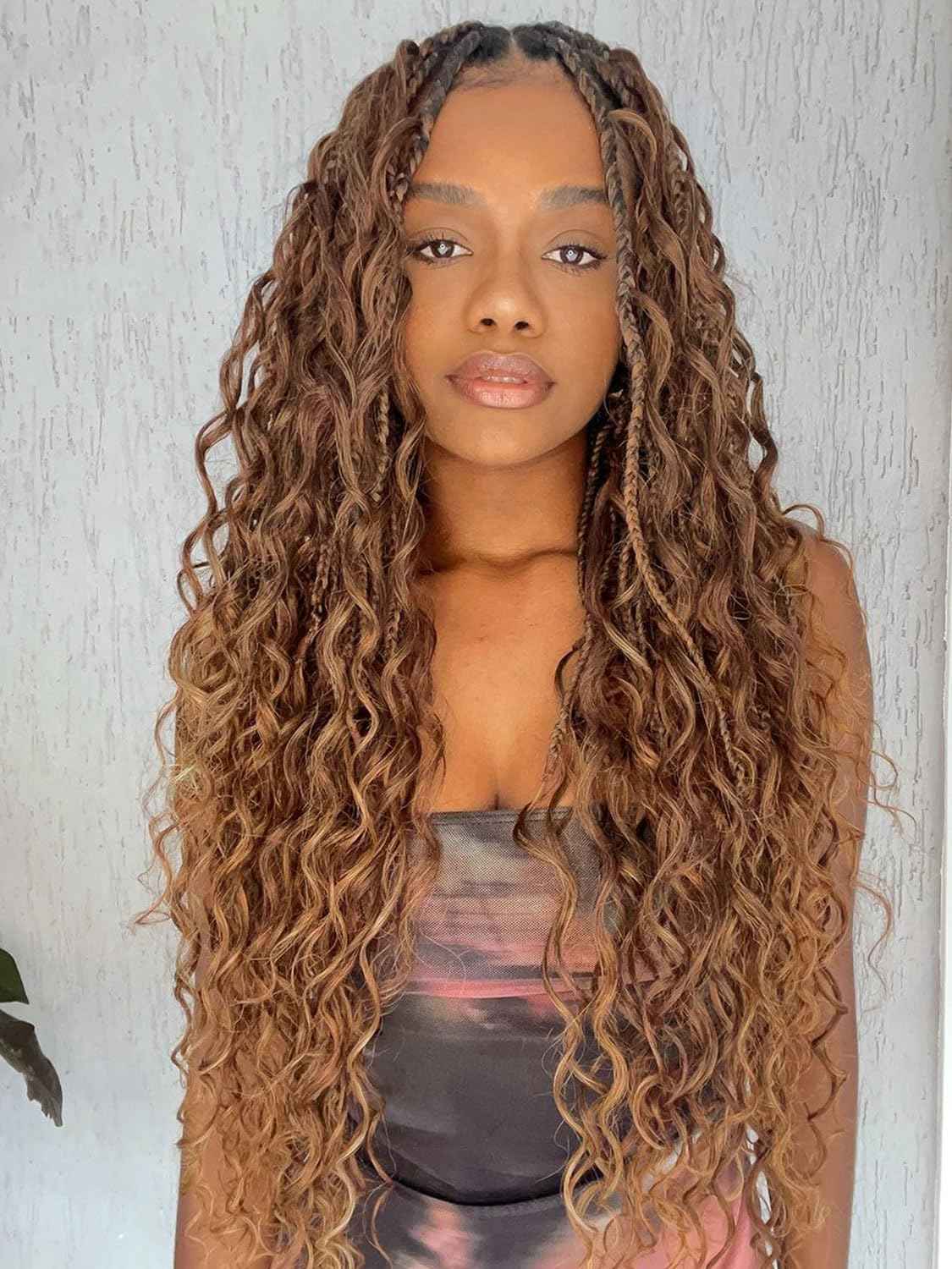 Goddess Box Braids Crochet Hair 24 Inch 7 Packs Boho Crochet Braids Pre Looped Bohemian Gypsy Braids Crochet Hair for Women Brown and Blonde Braiding Hair Extensions, M33/30/27