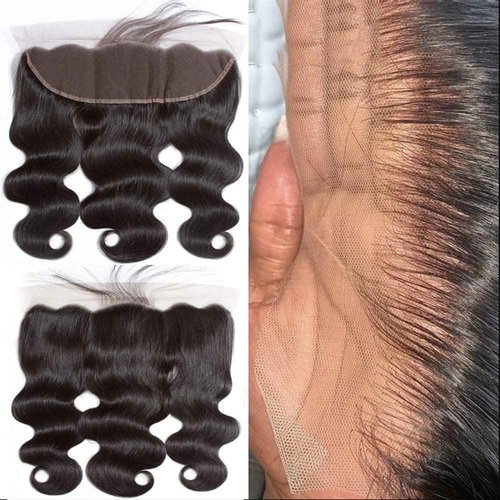 Body Wave Frontal 13 x 4 HD Transparent Lace Frontals With Bangs Baby Hair 100% Remy Human Hair 150% Density Natural Color (13x4 Lace Frontal-Body Wave, 14 Inch)
