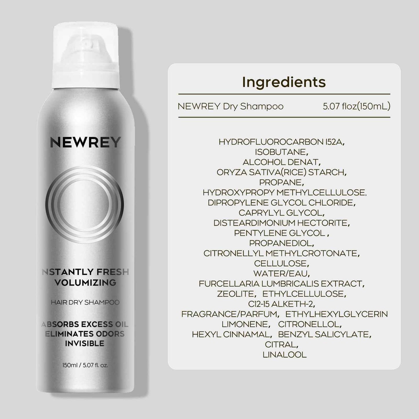 NEWREY Dry Shampoo Spray for Women & Men - Freshens hair, Residue-Free, Volumizing Formula with Rice Starch - Absorbs Oil, Eliminates Odors - 5.07 oz