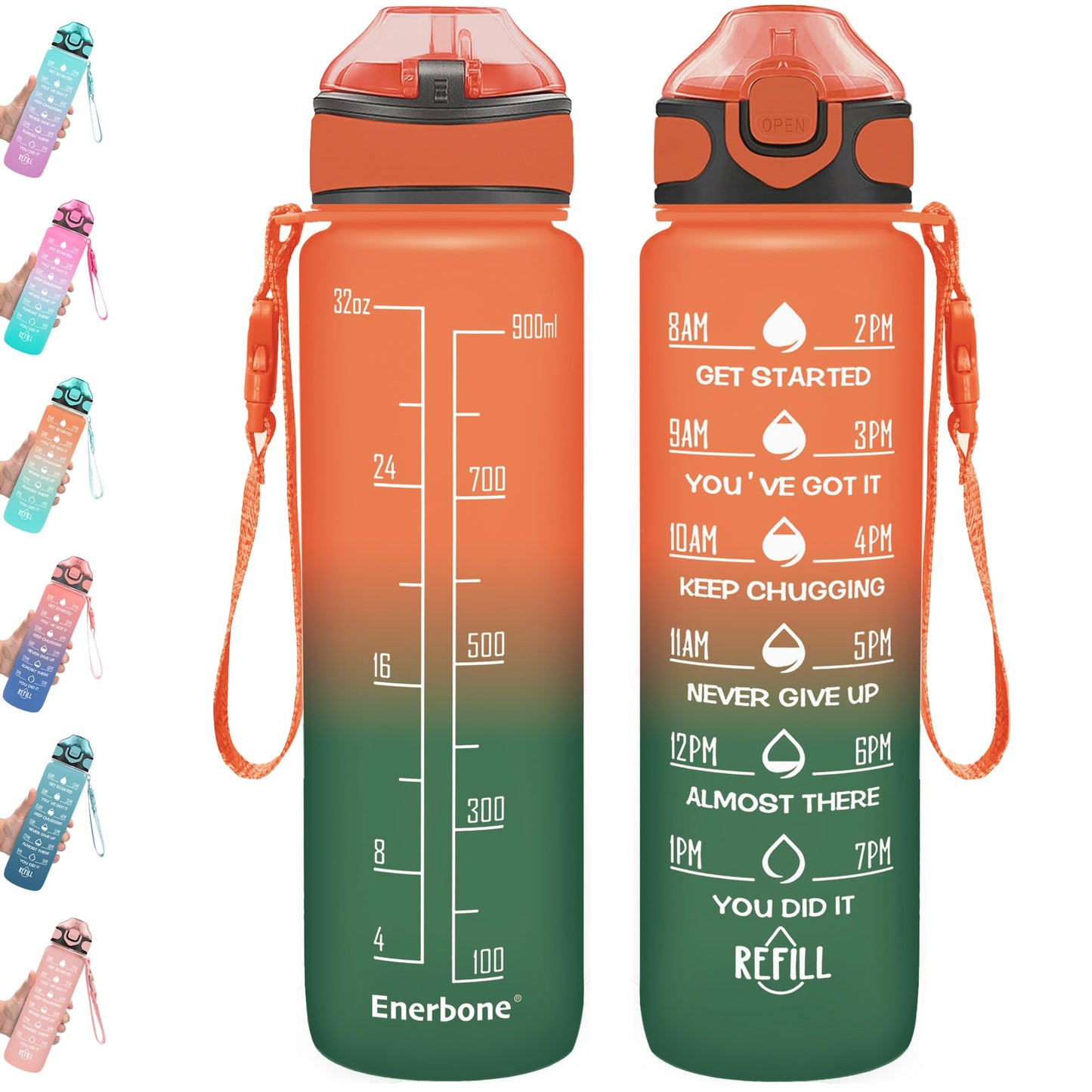 Enerbone 32 oz Drinking Water Bottle with Times to Drink and Straw, Motivational with Carrying Strap, Leakproof BPA & Toxic Free, Ensure You Drink Enough Water for Fitness Gym Outdoor