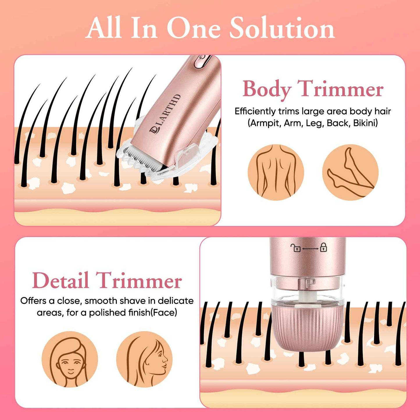 LARTHD 2 in 1 Women Electric Shaver Dual Head Bikini Trimmer for Women IPX7 Waterproof Wet & Dry Use Body Hair Trimmer and Facial Hair Remover for Bikini Underarm Leg Arm Body Face