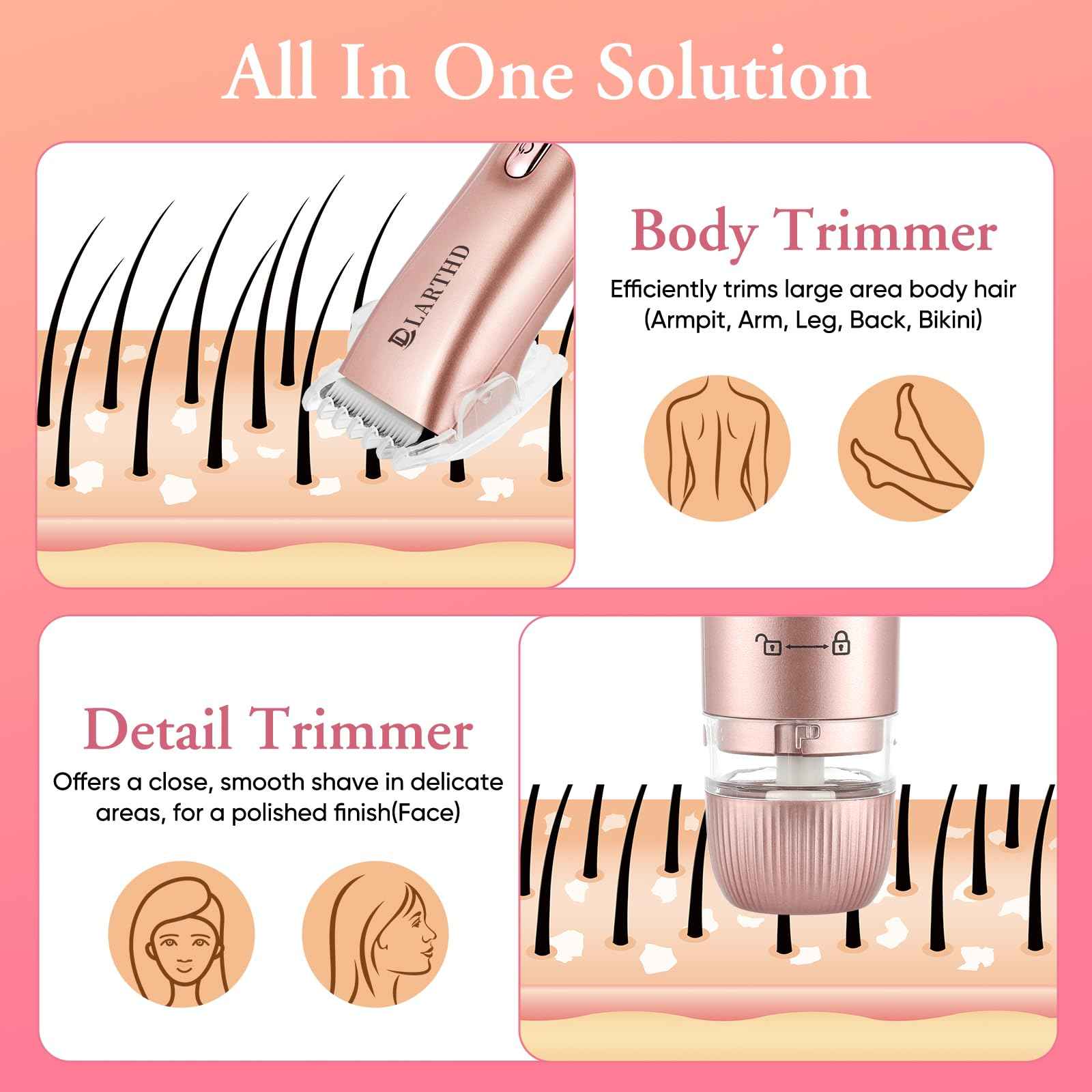 LARTHD 2 in 1 Women Electric Shaver Dual Head Bikini Trimmer for Women IPX7 Waterproof Wet & Dry Use Body Hair Trimmer and Facial Hair Remover for Bikini Underarm Leg Arm Body Face