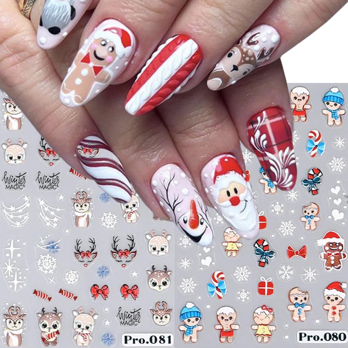 6 Sheet Christmas Nail Art Stickers Decals Self-Adhesive 3D Snowflake Santa Claus Nail Stickers Cute Christmas Nail Art Design Stickers Elk Bell Nail Decals for Women Xmas Holiday Nail Decoration Supp