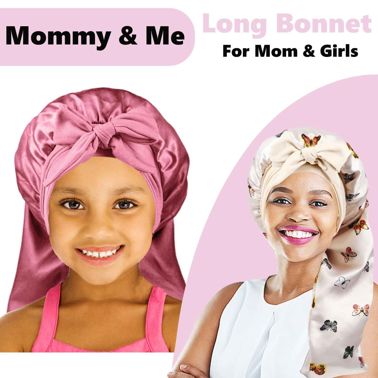 Long Kids Bonnets for Girls,Silk Bonnet for Kid Sleeping,Sleep Cap for Braids Long Hair Curly Hair Rose Gold