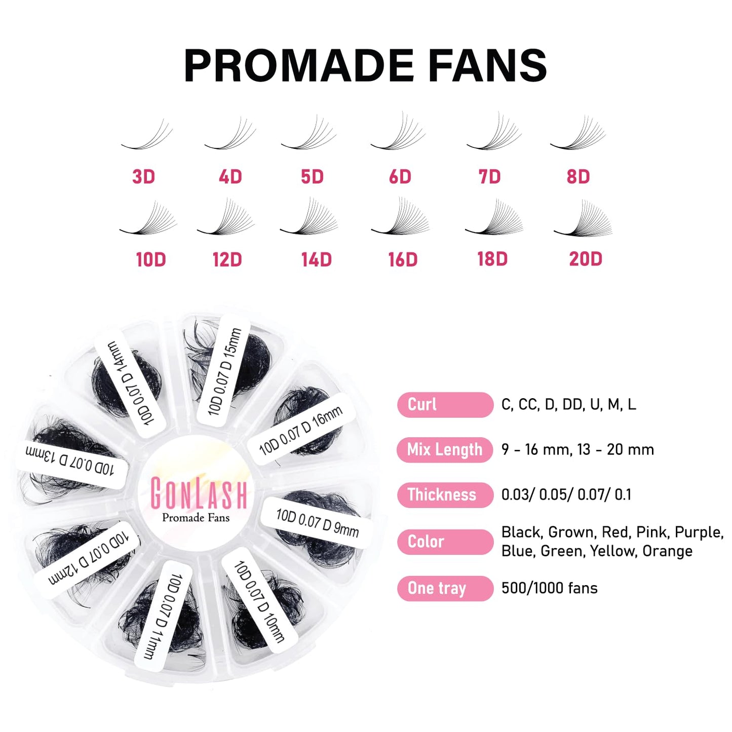 GON Lash 1000 Fans Tray Volume Lash Extensions Mixed length | Premade Fans Eyelash Extensions | Mega Lash Extension | Promades Eyelash Fans | 5D, D Curl, 13-20mm