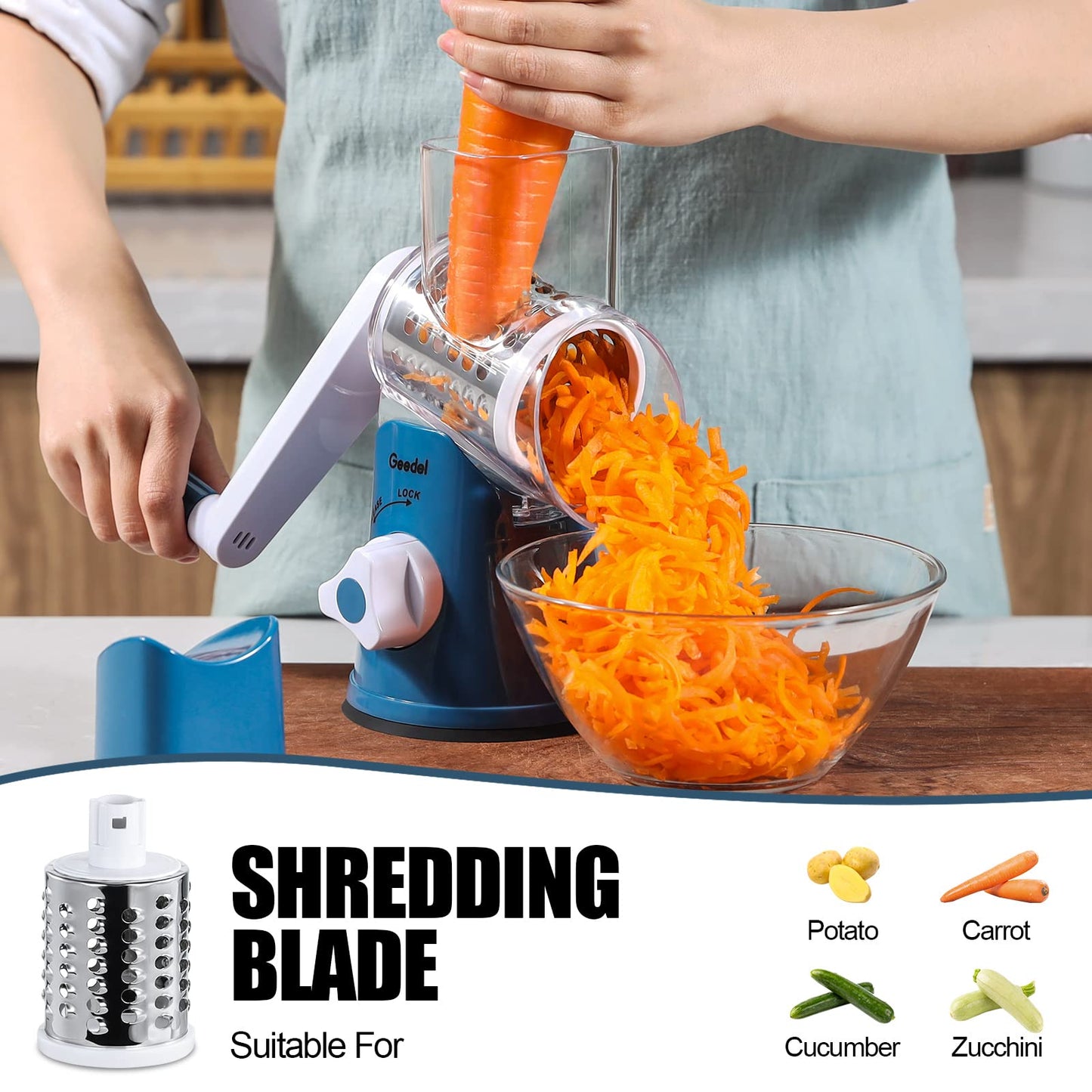 Geedel Rotary Cheese Grater, Kitchen Mandoline Vegetable Slicer with 3 Interchangeable Blades, Easy to Clean Rotary Grater Slicer for Fruit, Vegetables, Nuts