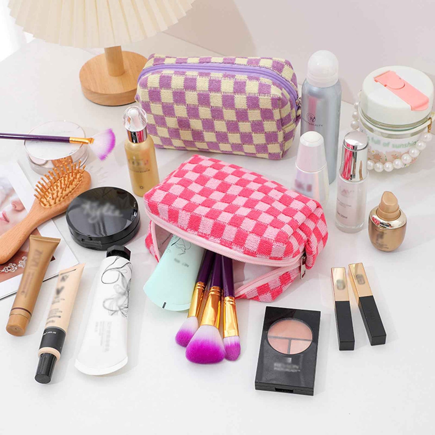 EYNDYN 12 PCS Checkered Makeup Bag Cosmetic Bag for Women Checkered Pouch Plaid Makeup Bag for Women Large Capacity Pencil Case Makeup Brushes Storage Bag Travel Toiletry Bag Organizer