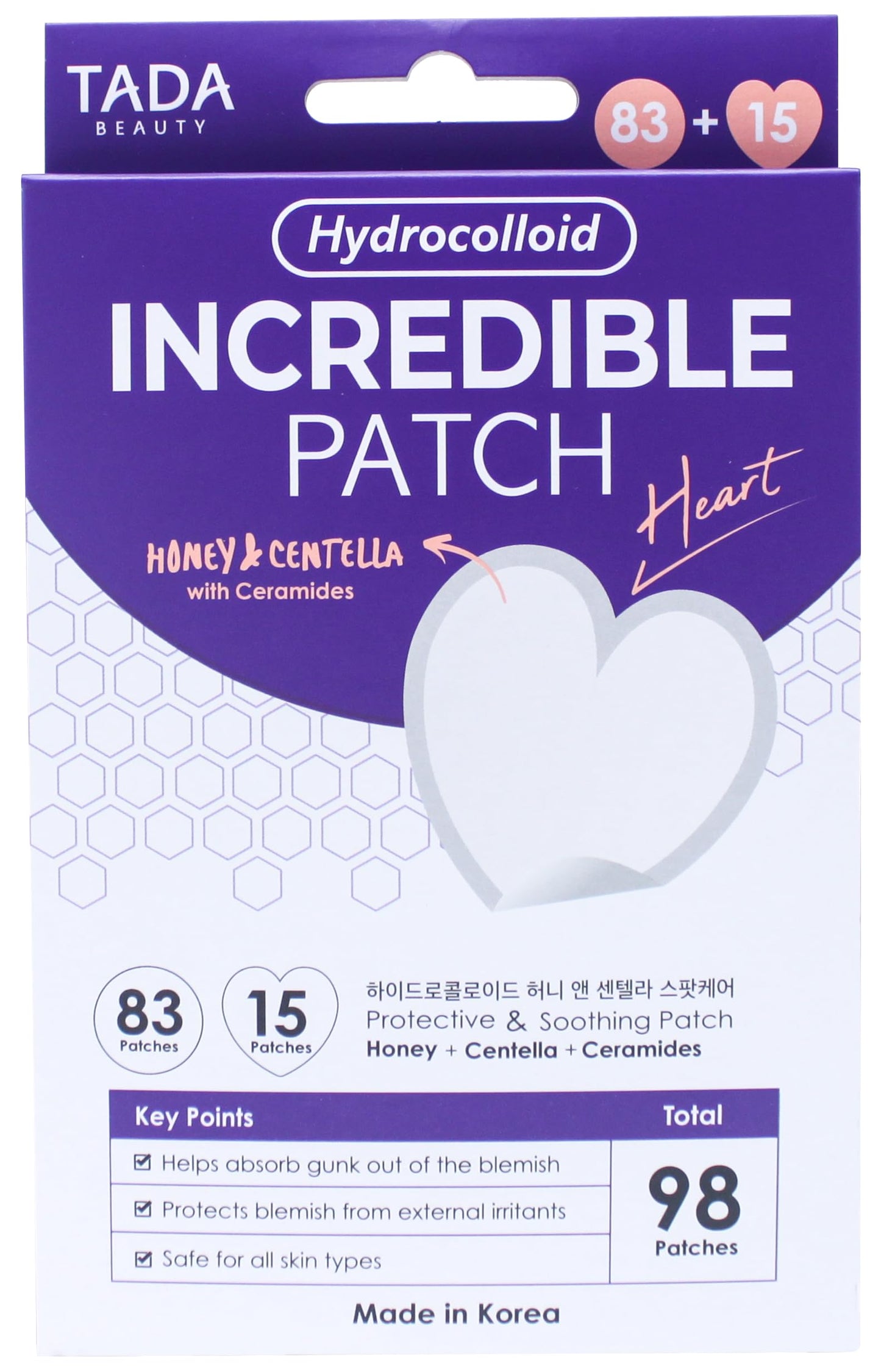 TADA BEAUTY Incredible Blemish Patch - Hydrocolloid Pimple Patches Acne Patches for Face, Spot Treatment (Heart 98count)