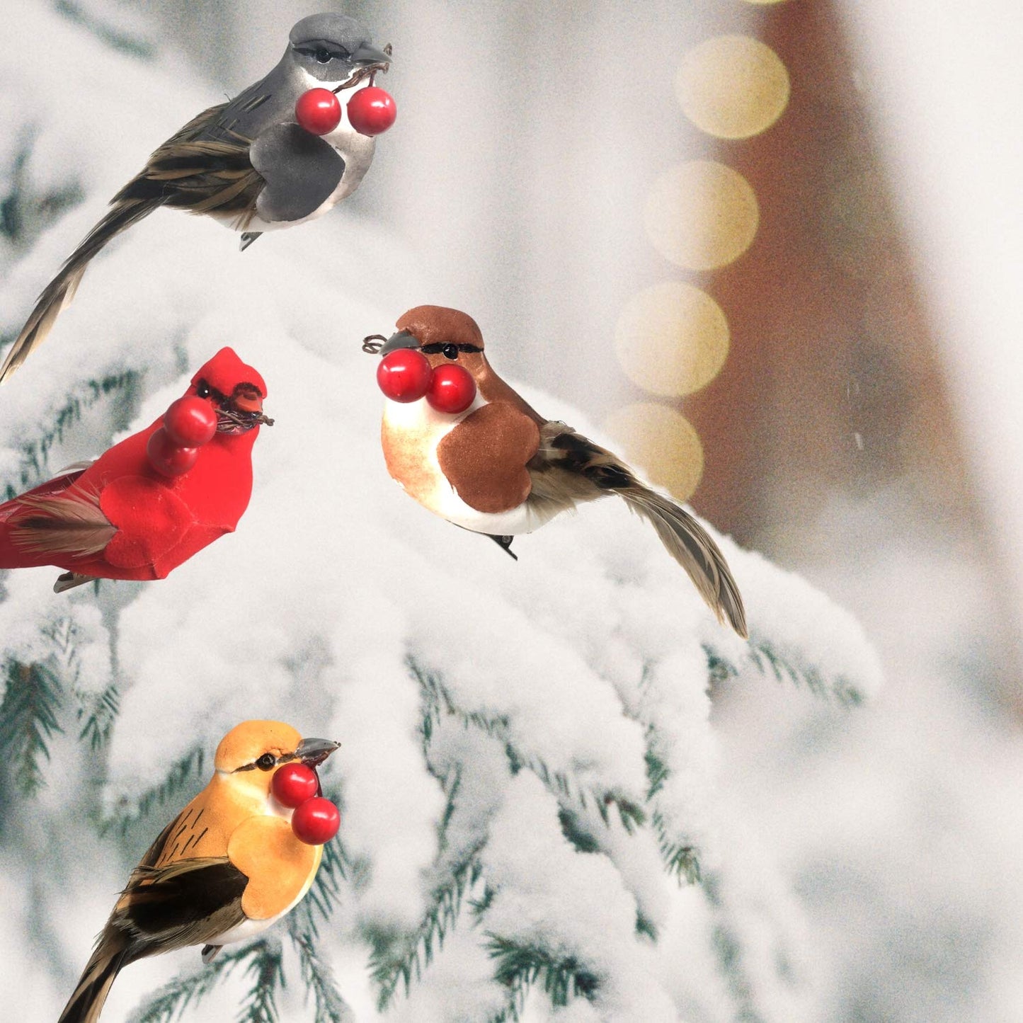 BANBERRY DESIGNS Feathered Song Bird Clip-On Ornaments - Set of 16 - Assorted Styles - Cardinals, Orioles, Finches and Chickadees with Red Berries - Each Measures 4 Inches