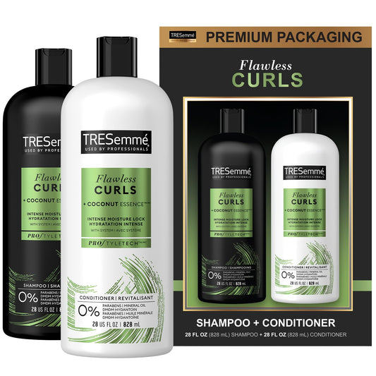 TRESemmé Flawless Curls Shampoo and Conditioner Set, Curly Hair Products with Coconut Oil Leaves Curls Defined, Sulfate Free, Frizz Free, 28 Fl Oz Ea