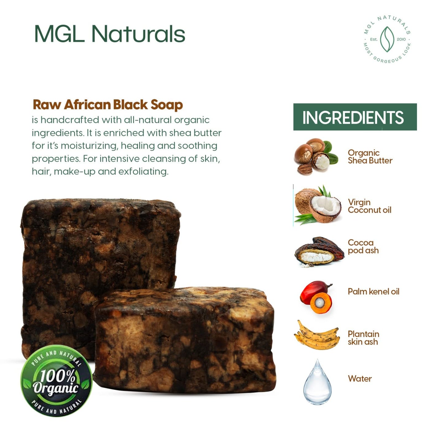 MGL Naturals Raw African Black Soap in Coconut Pot | Premium & Organic | Face and body deep cleanse. For acne, eczema & dark spots. (16)