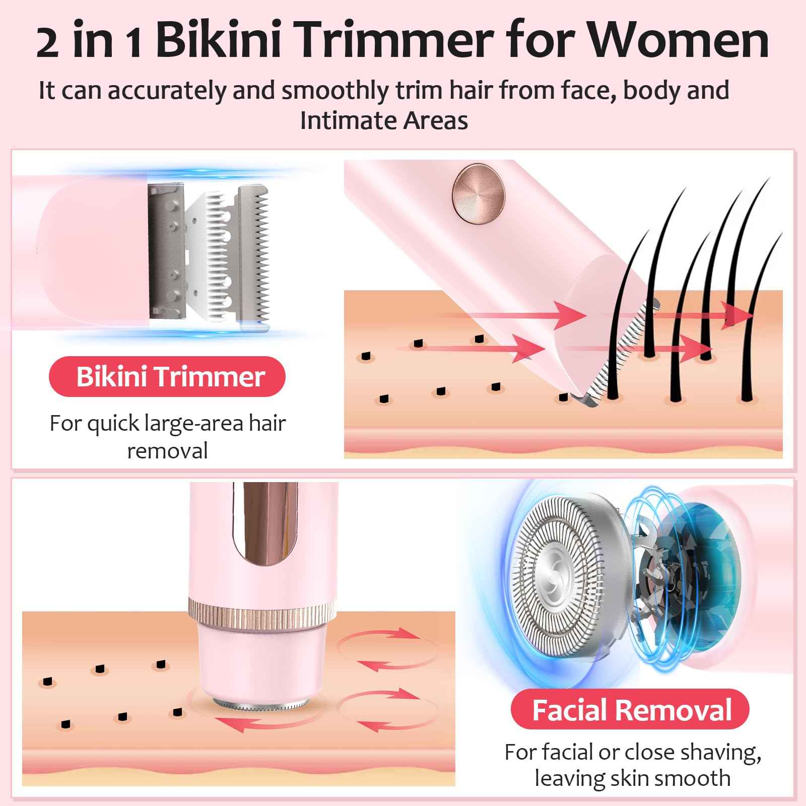 Bikini Trimmer for Women, 2 in 1 Dermave Bikini Shaver with LED Display, Electric Razors for Women, IPX7 Waterproof Wet Dry Use Body Hair Trimmer for Ladies Pubic, Legs, Face, Underarms (Pink)