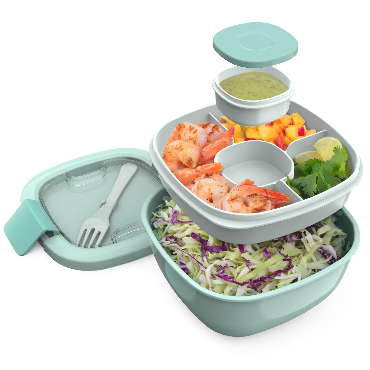 Bentgo All-in-One Salad Container - Large Salad Bowl, Bento Box Tray, Leak-Proof Sauce Container, Airtight Lid, & Fork for Healthy Adult Lunches; BPA-Free & Dishwasher/Microwave Safe (Coastal Aqua)