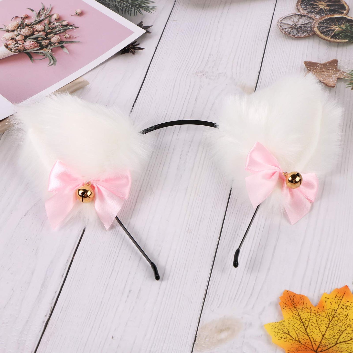 Faux Furry Anime Faux Fur Fox Ear Headband with Bells, Plush Cosplay Neko Hairband for Halloween Costume Party Fancy Dress (White-Inner White)