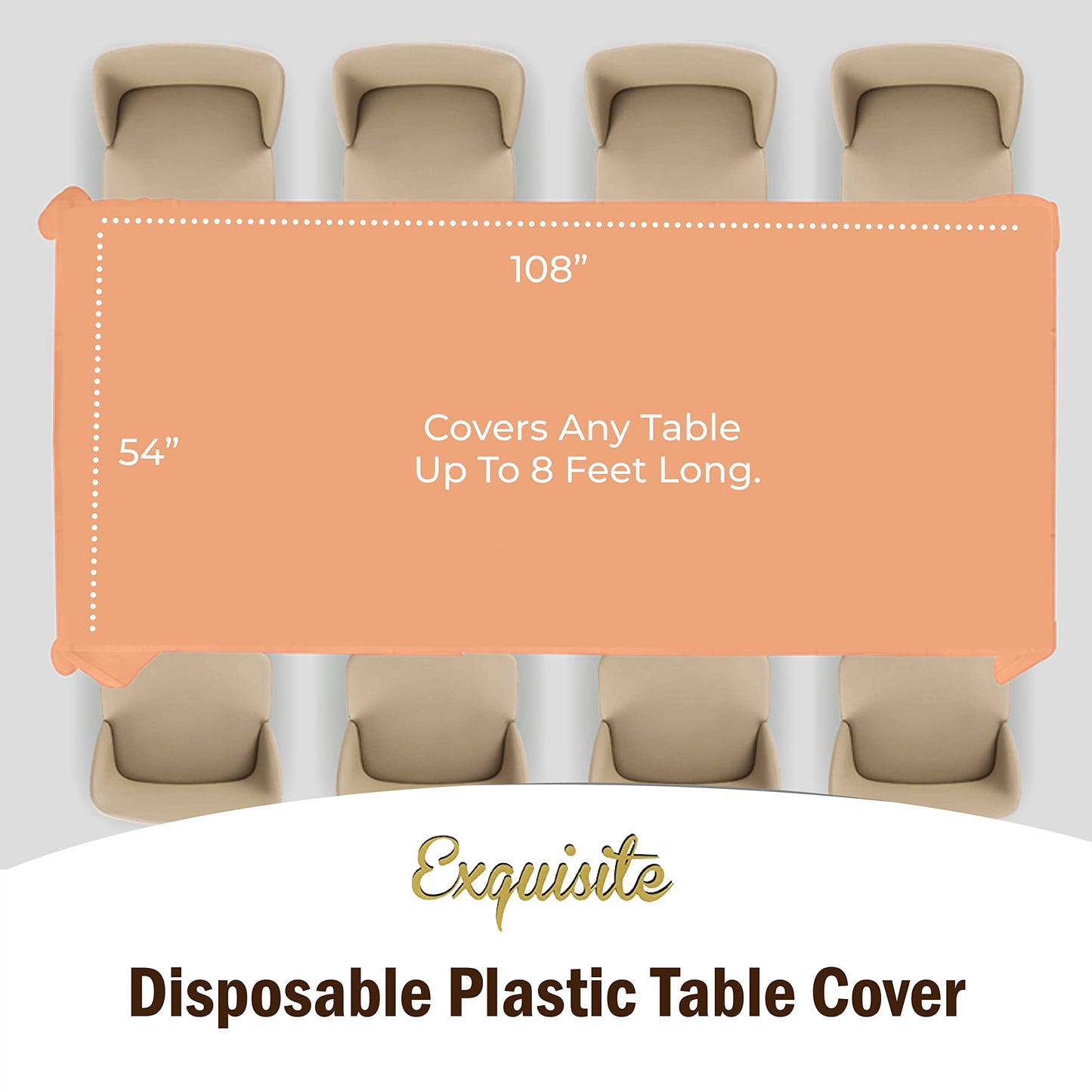 Exquisite 6-Pack Premium Plastic Tablecloth 54in. x 108in. Rectangle Plastic Table Cover - Peach