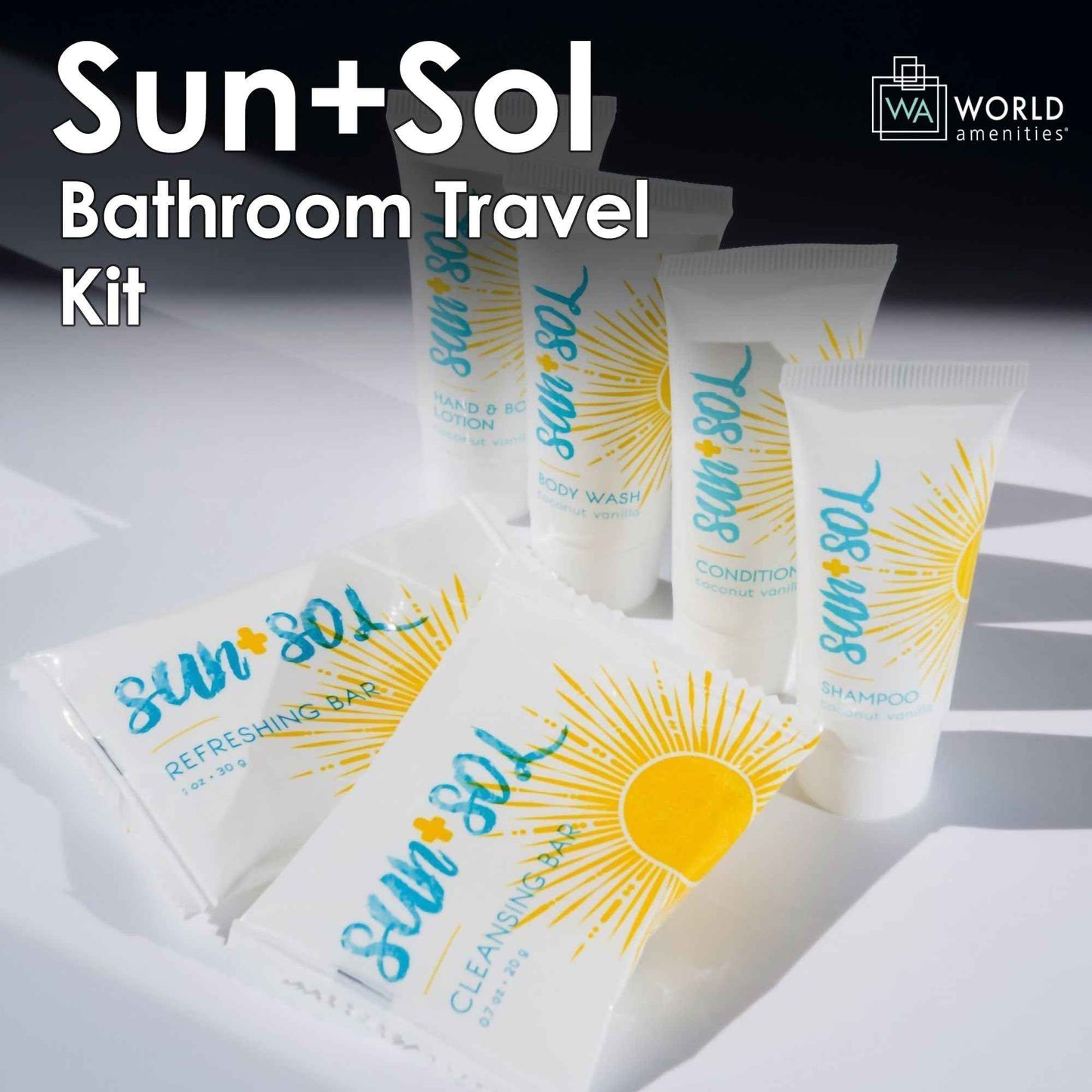 World Amenities - Sun + Sol Mini Size Hotel Toiletries Bathroom Kit | Warm Coconut & Vanilla | Shampoo, Conditioner, Body Wash, Lotion, Cleansing Bar, Refreshing Soap Bar and Moisturizing Massage Bar