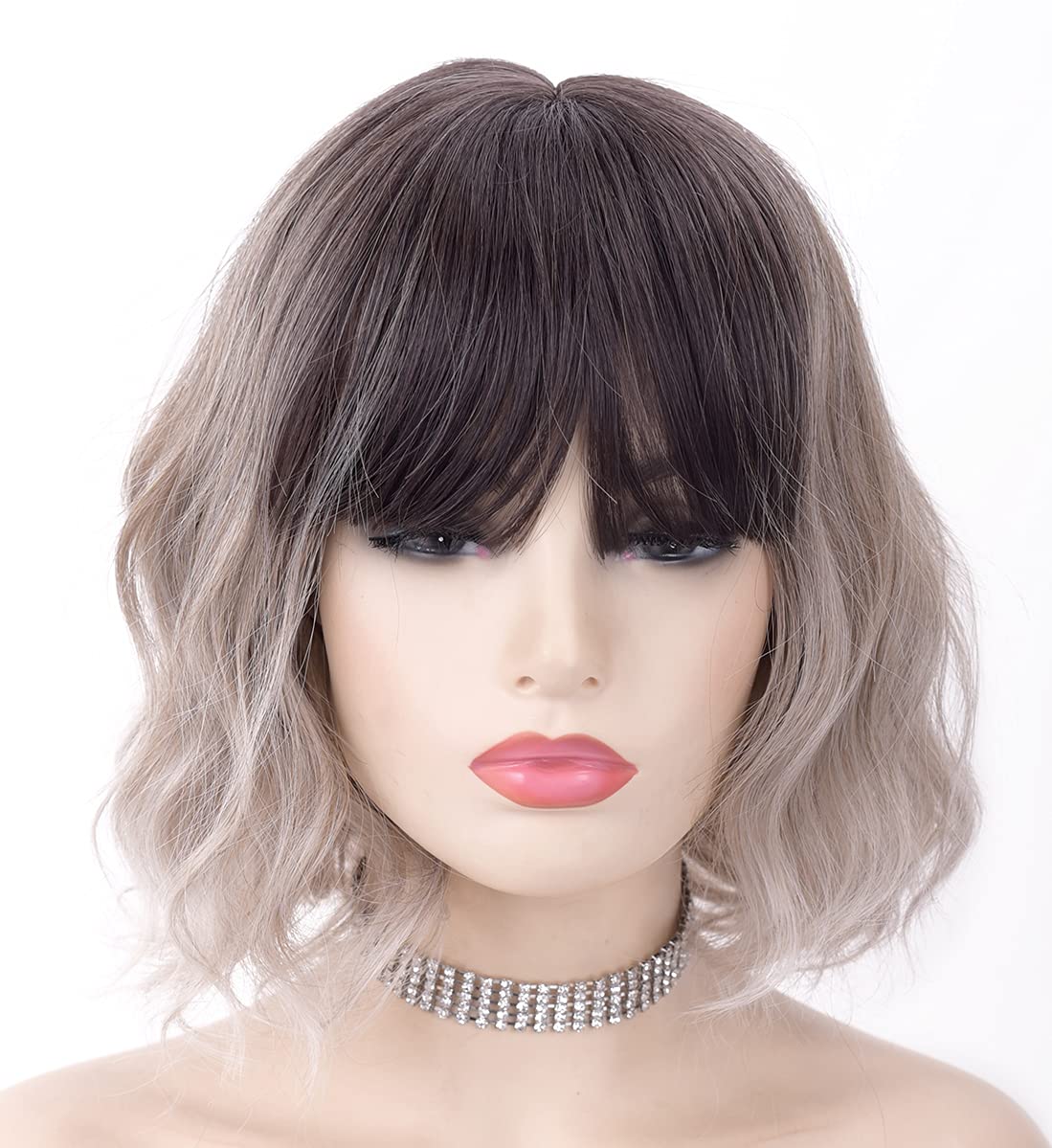 LANOVA Ash Blonde Wig with Bangs, Short Curly Wigs, Ombre Wig, Ombre Brown Blonde Wigs for Women,Synthetic Wig 10 inch LANOVA-134-5