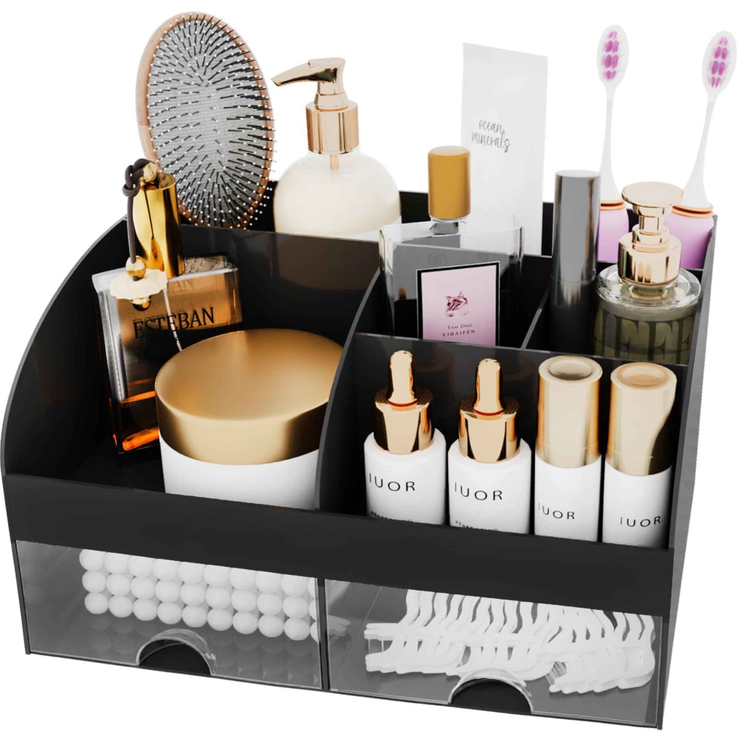 Makeup Organizer with Drawers, Cosmetic Storage for Dresser Vanity and Bathroom Countertop, Beauty Holder for Lipstick Brush, Skincare Organizer for Vanity, Cosmetic Display Case (Black)